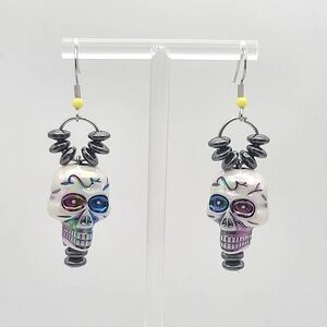 Handcrafted Skull Hematite Beaded Dangle Fashion Earrings